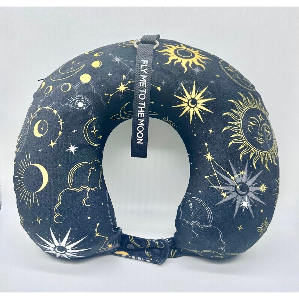 Miamica Black Celestial-themed neck pillow features Gold Yellow Sun and Moon